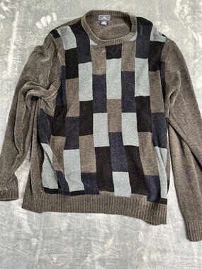 Dockers Mens Gray Black Blue Checkered Pullover Sweater XL